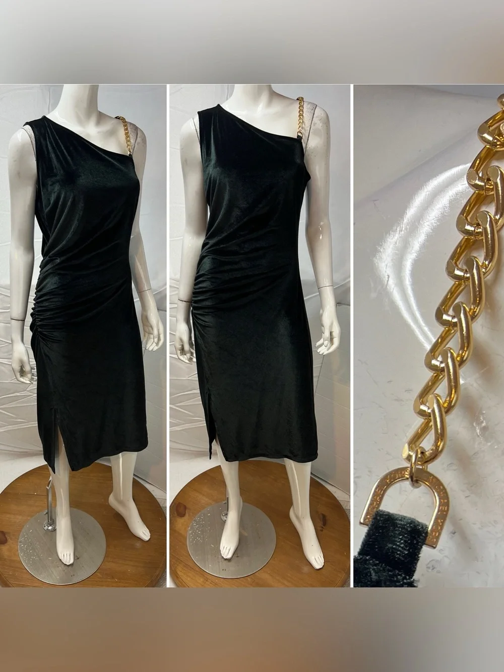 Michael Kors Women’s M Black Velvet Stretchy Ruched Gold Chain Midi Dress